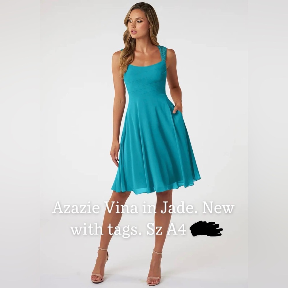 Azazie Vina dress Jade green blue NWT lace modest mini midi short wedding guest